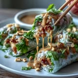 Deconstructed Vietnamese spring roll bowl featuring silky rice paper shards, crisp julienned veggies, and rich peanut sauce for a fresh, satisfying meal.