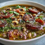 Warming bowl of black-eyed peas and sausage soup, garnished with parsley and Parmesan for a comforting meal.  