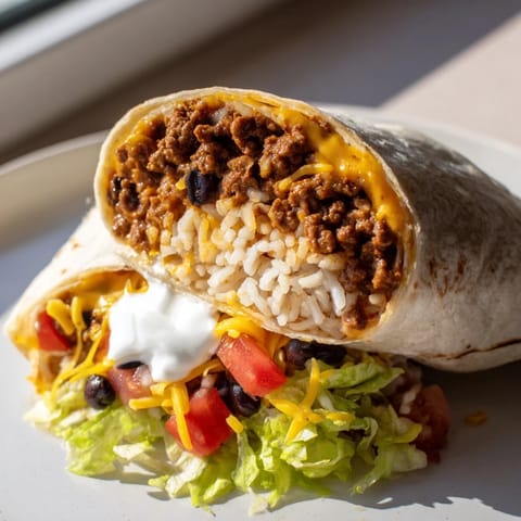 Perfectly wrapped Beef Burritos, showing a delicious cross-section with fillings, ready to eat.