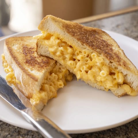 Creamy homemade mac and cheese is stuffed between buttery sourdough slices, grilled until golden and oozing in this decadent sandwich.