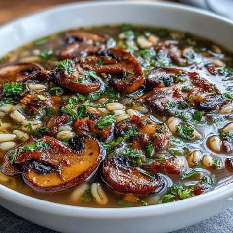 Hearty mushroom and barley soup in a rustic bowl, garnished with fresh parsley.