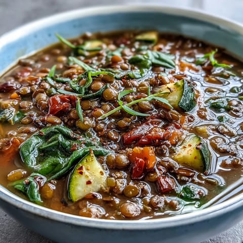 Steaming bowl of lentil and vegetable soup, topped with fresh parsley garnish.