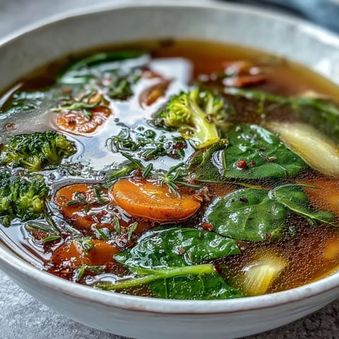 A comforting Collagen-Boosting Broth Bowl, showing tender veggies and flavorful broth.