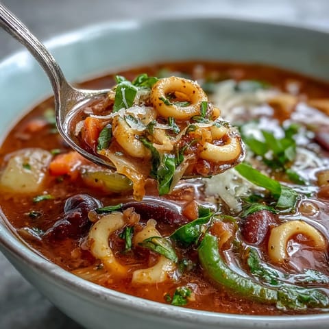 Hearty Minestrone Vegetable Soup brimming with colorful veggies and pasta in a steaming bowl.