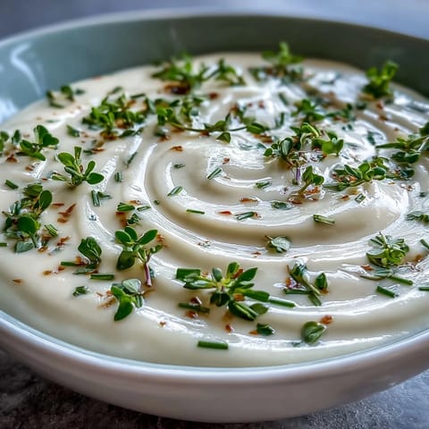 Creamy celery root bisque in a white bowl, garnished with fresh chives and a swirl of cream, paired with crusty bread.