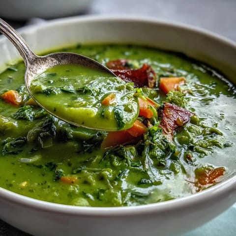 Hearty split pea soup, steaming in a rustic bowl with crusty bread.