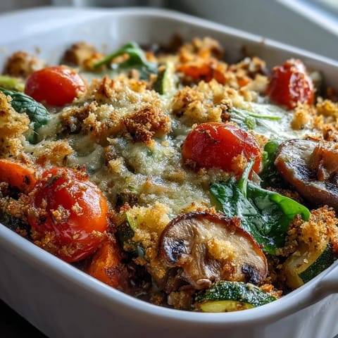 A close-up view of a hearty Green Lentil and Vegetable Casserole, loaded with colorful carrots, peppers, and wilted spinach.