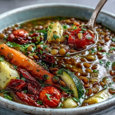A warm bowl of easy homemade Lentil and Vegetable Soup topped with fresh parsley and a bright squeeze of lemon juice.