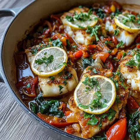 A spoon lifts a flaky piece of Spiced Cod One Pot from the aromatic tomato and vegetable sauce in a Dutch oven.