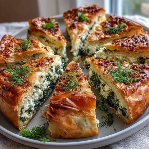 Fresh dill and crumbled feta cheese peek from crisp filo pastry in this vegetarian tart.