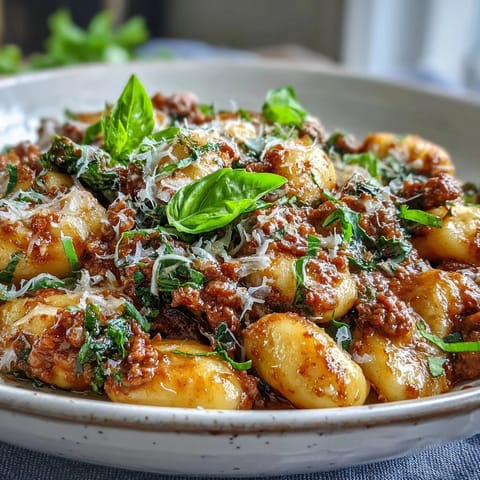 Tender gnocchi and spicy Italian sausage mixed with wilted kale in a rich red sauce on a plate.