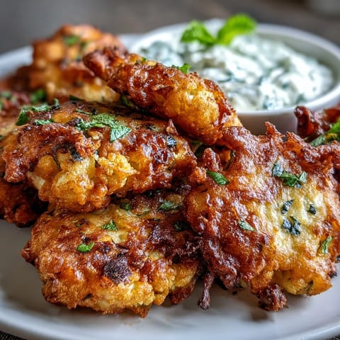 Golden-brown Cauliflower Bhajis fritters arranged on a plate next to a small bowl of creamy mint yogurt dip.