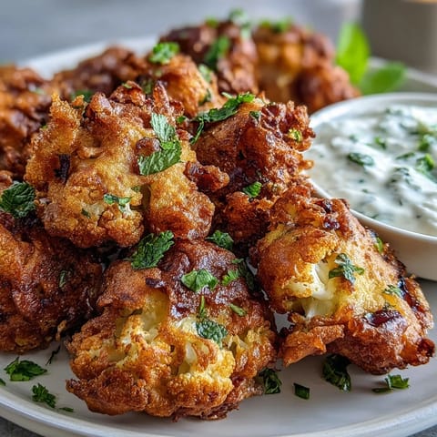 A hand dipping a crispy spiced Cauliflower Bhaji into a cool, refreshing yogurt sauce for a delicious appetizer.