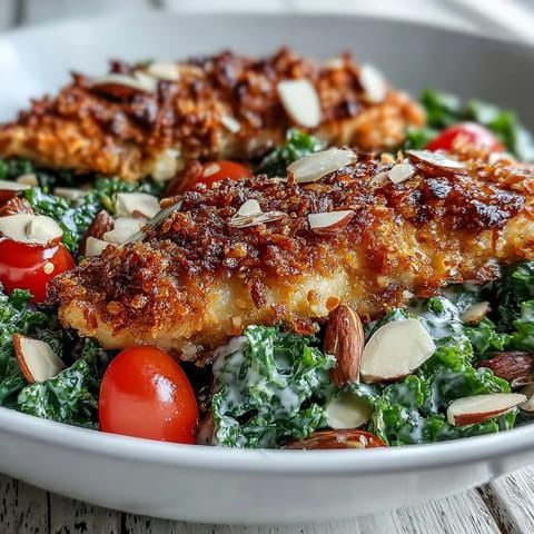 Freshly baked almond-crusted chicken thighs served with a marinated kale and sumac salad, perfect for dinner.