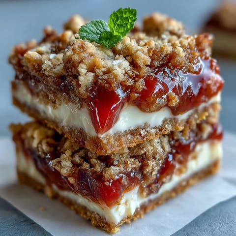 Homemade Rhubarb and Custard Crumble Bars sliced to reveal tangy red rhubarb and creamy vanilla custard layers.