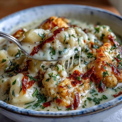 A ladleful of rich Vegetarian Cauliflower Chowder poured from a pot, revealing chunks of tender potato and carrot.