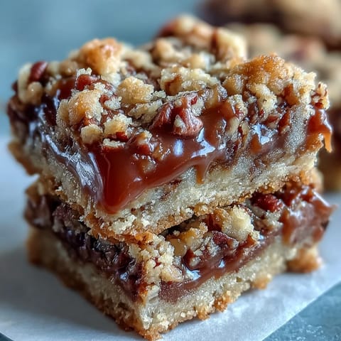 Golden-baked Decadent Sweet and Chewy Turtle Bars rest on a wooden board, showcasing rich caramel swirls and melted chocolate chips.