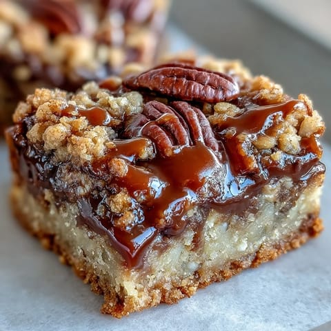 Freshly cut squares of Decadent Sweet and Chewy Turtle Bars highlight the buttery oat crumble and toasted pecan toppings.