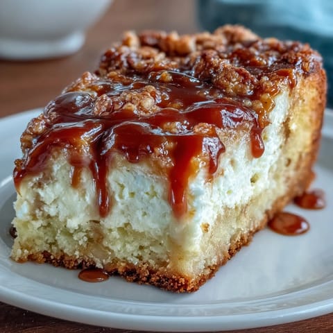 Slice of Caramel Cream Cheese Bread revealing a rich cream cheese center and gooey caramel ribbon, served on a white plate with coffee.