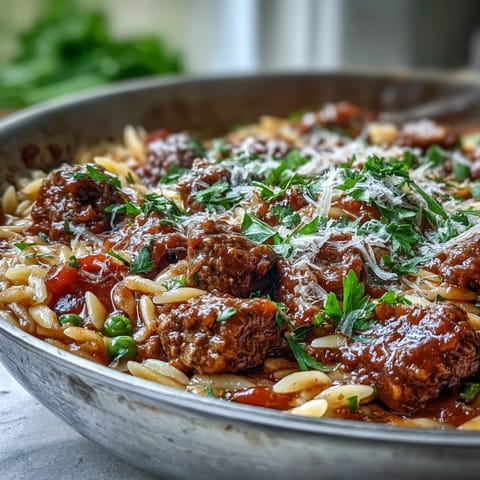 A bubbling skillet of Comforting Ground Beef Orzo Dinner with fresh parsley and melted Parmesan.