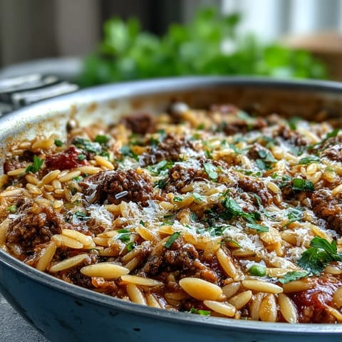 Ground beef and orzo pasta simmered in tomato broth with sweet bell peppers in a skillet.