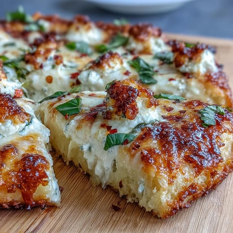 Golden-brown, fluffy Hot Honey Ricotta Pizza fresh from the oven, with bubbling cheese and fresh basil on a rustic wooden board.