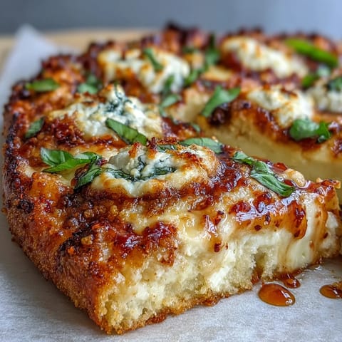 Thick-crust Hot Honey Ricotta Pizza sliced into wedges, drizzled with spicy honey and served alongside a small bowl of extra red pepper flakes.