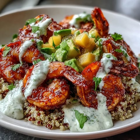 Fresh Shrimp and Creamy Avocado Bowls feature smoky grilled shrimp, vibrant mango salsa, and a drizzle of lime chili sauce over quinoa.