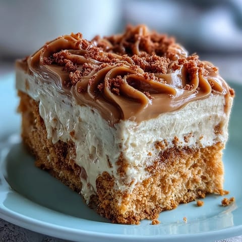 A moist slice of Decadent Baked Biscoff Cake sits on a white plate, featuring a silky Lotus spread frosting and a generous drizzle of cookie butter. 