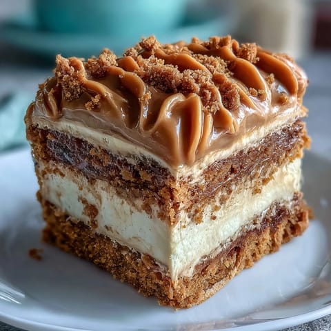 Freshly sliced Decadent Baked Biscoff Cake shows a tender vanilla sponge packed with crunchy cookie pieces, topped with creamy Lotus frosting. 