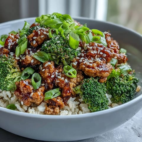 A close-up photo of Sweet and Spicy Turkey Broccoli Bowls on a wooden table, featuring saucy ground turkey, steamed broccoli florets, and brown rice topped with green onions and sesame seeds.