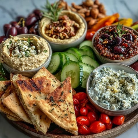Colorful Mediterranean Brunch Board with flatbreads, featuring creamy hummus, baba ganoush, and tzatziki for dipping.