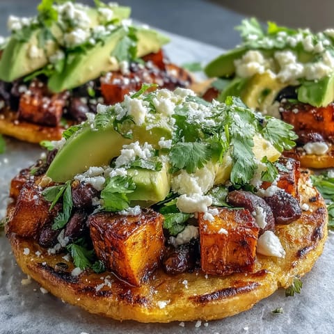 Golden caramelized sweet potato cubes add sweetness to the vegetarian tostada base. 