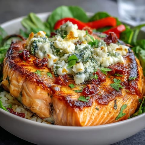 Golden pan-seared Mediterranean Salmon Bowl with crispy rice, feta, and bright peppers.