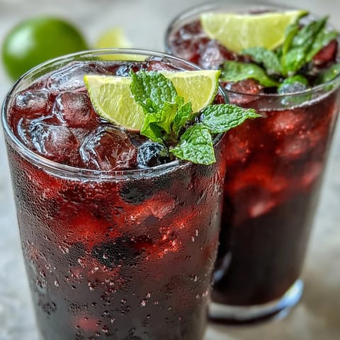 Vibrant purple black currant mocktail with sparkling bubbles and fresh mint garnish in a clear glass.