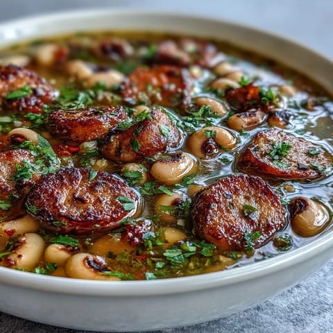 Hearty black-eyed peas and sausage soup with Italian sausage, vegetables, and savory broth in a rustic bowl.  