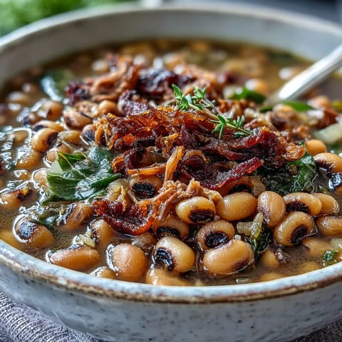 A steaming bowl of classic New Year's black-eyed peas with smoked pork, tender vegetables, and bold Creole spices for a lucky start.