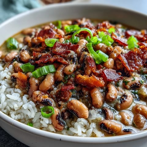 A hearty bowl of Hoppin John with tender black-eyed peas, crispy bacon, and fluffy white rice, garnished with scallions and ready to serve.