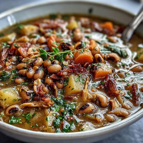 A steaming bowl of black-eyed pea stew with tender smoked ham hocks, vibrant vegetables, and rich broth, garnished with fresh parsley.