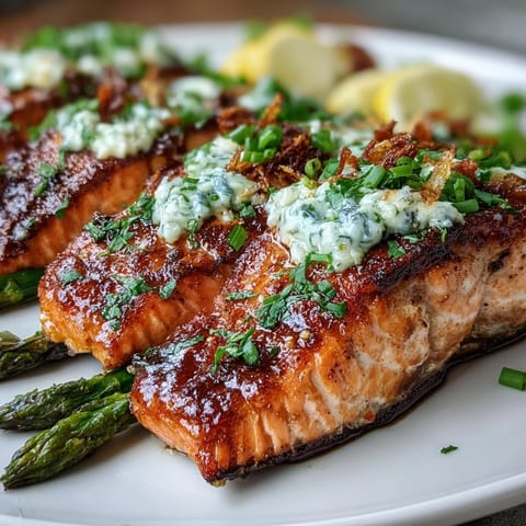 A golden salmon fillet drizzled with rich garlic butter sits beside vibrant green asparagus spears, ready to impress at dinner.