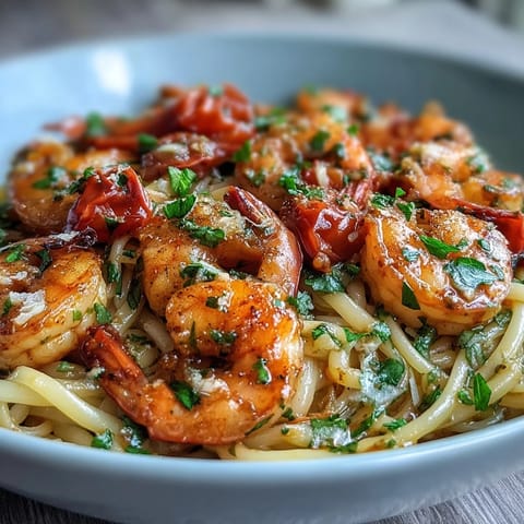 A vibrant one-pot garlic shrimp pasta with angel hair, fresh vegetables, and zesty lemon sauce, served in a skillet.