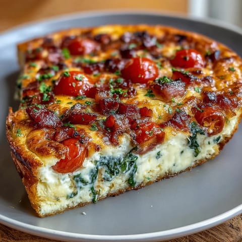 A golden, cheesy frittata with diced ham and fresh spinach, baked to fluffy perfection in a cast iron skillet.