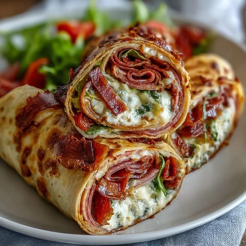 Italian Sub Pinwheel Wraps arranged on a white platter with overlapping layers showing colorful deli meats, cheese, and fresh vegetables.