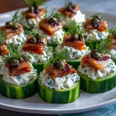 Cucumber Bites with Cream Cheese and Smoked Salmon on a white platter, garnished with capers and dill, perfect for summer parties.