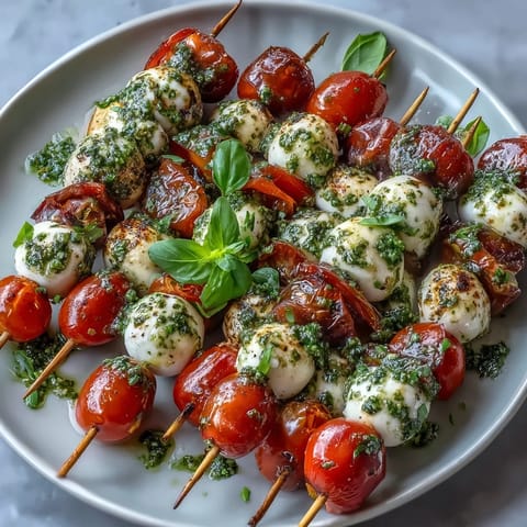 Vibrant Caprese skewers with cherry tomatoes, mozzarella, and basil, drizzled with fragrant basil pesto for a fresh appetizer.