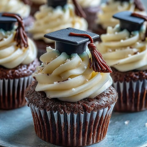 Moist vanilla cupcakes topped with buttercream frosting and fondant graduation caps, perfect for celebrating academic milestones.