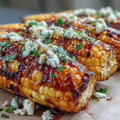 Grilled corn elote style features smoky charred kernels coated in creamy, tangy sauce with a sprinkle of cheese and chili.