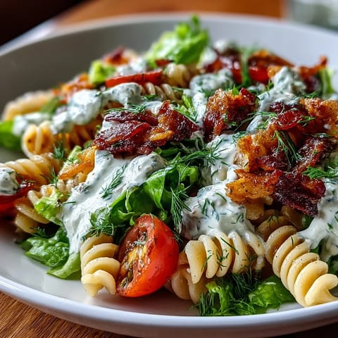 Creamy BLT Pasta Salad with Avocado Ranch, loaded with crispy bacon, juicy tomatoes, and fresh lettuce in a dreamy green dressing.  