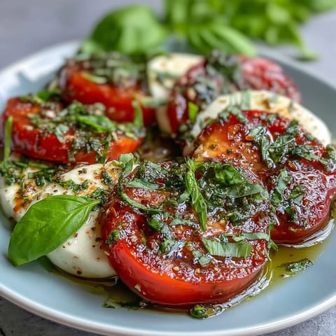 Caprese Salad with Basil Oil Drizzle: Fresh tomato and mozzarella slices drizzled with fragrant basil oil, perfect for a light summer appetizer.