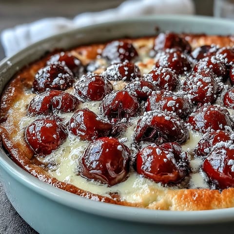 Golden Fresh Cherry Clafoutis puffed and baked with vanilla bean custard.